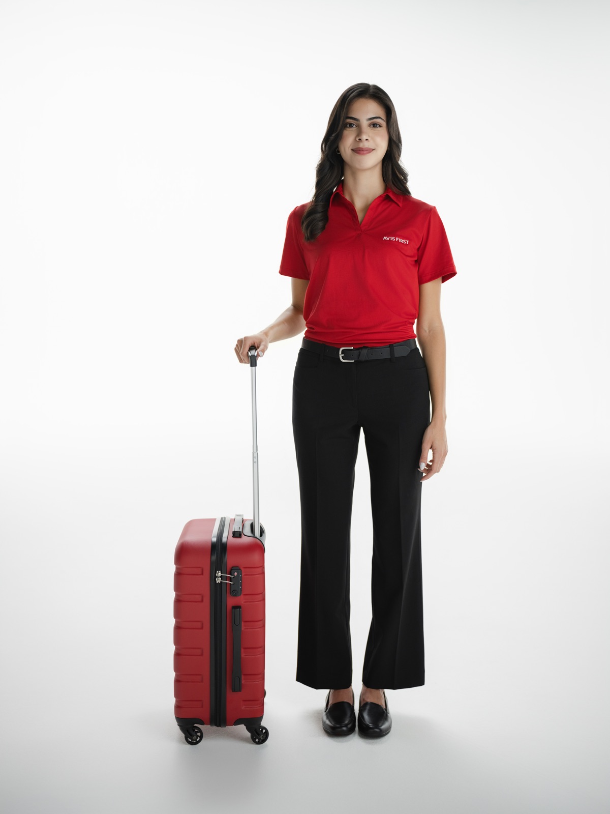 Avis employee — formal portrait with suitcase